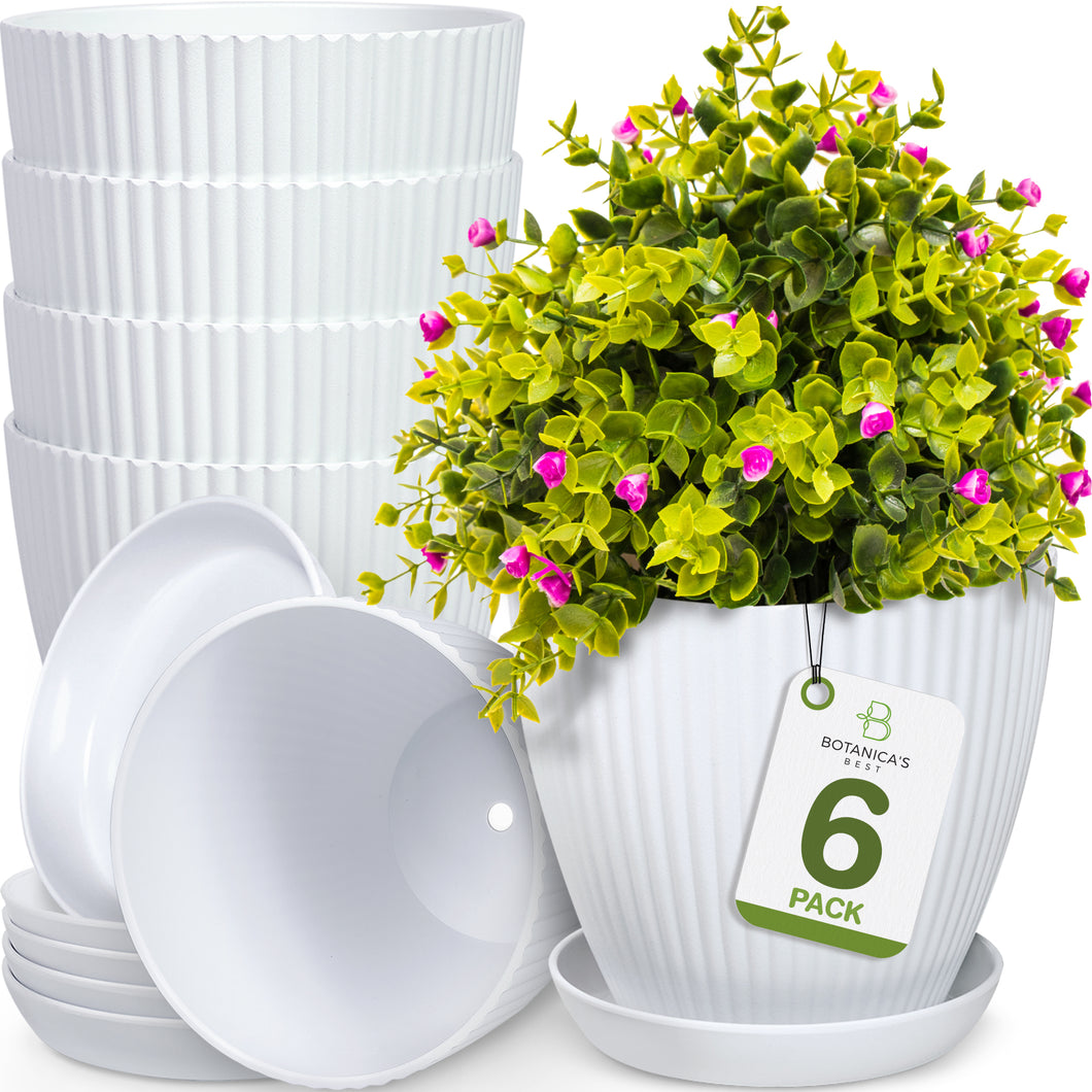 Botanica's Best Modern Plant Pots, 6 inches, Set of 6, White with Drain Holes and Saucer Tray